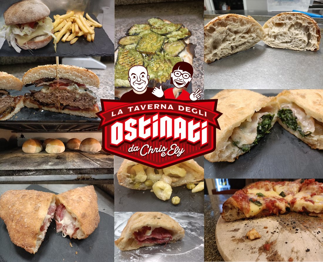 Il collage dei piatti della Taverna degli Ostinati con il logo e i personaggi di Ely e Chris